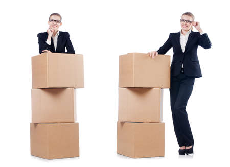 Woman businesswoman with boxes on whiteの写真素材
