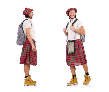 Man in scottish skirt isolated on whiteの写真素材
