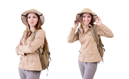 Woman wearing safari hat on whiteの写真素材