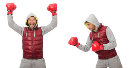 Man wearing boxing gloves isolated on whiteの写真素材