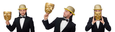 Man with theater mask isolated on whiteの写真素材