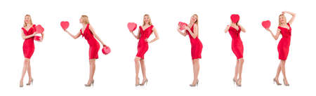 Woman with giftbox isolated on whiteの写真素材