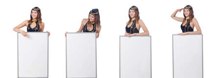 Young woman with blank board on whiteの写真素材