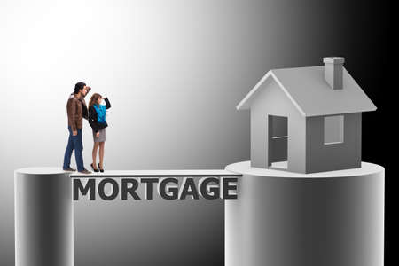 Concept of family taking mortgage loan for houseの写真素材