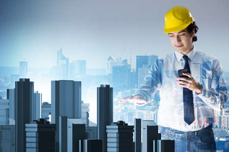 Futuristic architect doing urban planningの写真素材