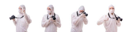 Forensic specialist in protective suit taking photos on whiteの写真素材