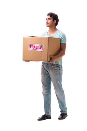 Young handsome man with fragile box ordered from Internetの写真素材