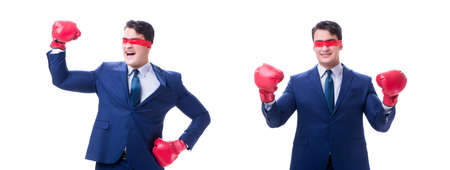 Lawyer with blindfold wearing boxing gloves isolated on whiteの写真素材