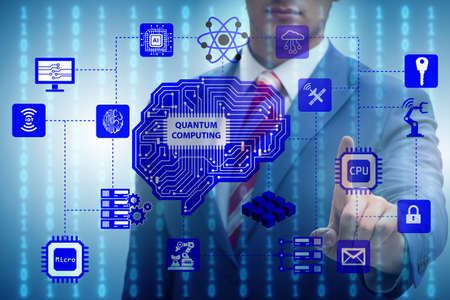 Businessman pressing virtual button in quantum computing concept