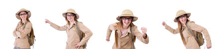 Woman wearing safari hat on whiteの写真素材