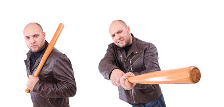 Violent man with baseball bat on white