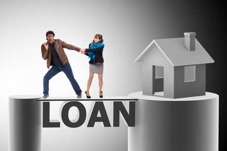 Concept of family taking mortgage loan for houseの写真素材