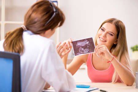 Beautiful pregnant woman visiting female gynecologist