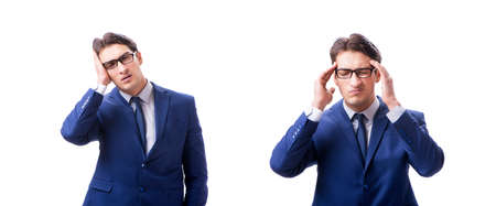 Young sick and unhappy businessman isolated on white backgroundの写真素材