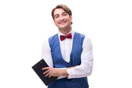 Young waiter isolated on white backgroundの写真素材