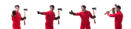 Contractor employee with axe on white backgroundの写真素材