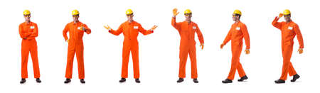 Contractor employee wearing coveralls isolated on white