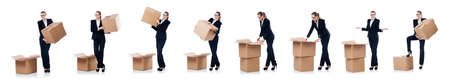 Woman businesswoman with boxes on whiteの写真素材