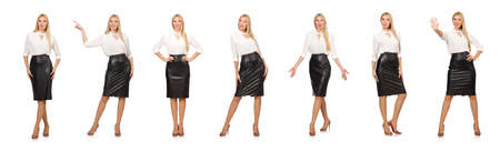 Pretty woman in leather skirt isolated on whiteの写真素材