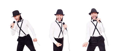 Funny man singing isolated on the whiteの写真素材