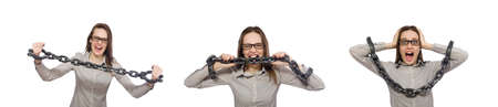Young businesswoman in funny concept on white