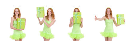 Woman with giftbox isolated on whiteの写真素材