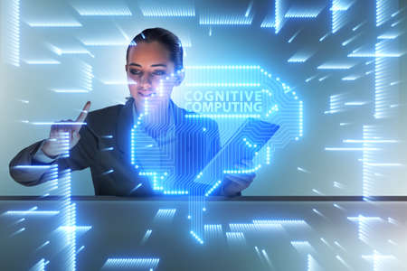 Cognitive computive concept with woman pressing buttons