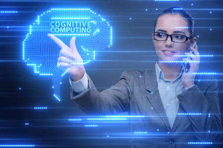 Cognitive computive concept with woman pressing buttonsの写真素材