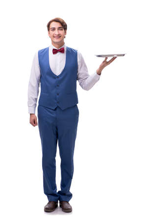 Young waiter isolated on white backgroundの写真素材