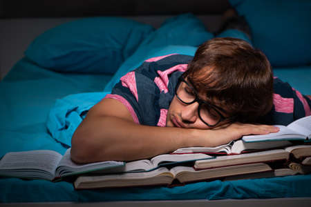 Young student preparing for exams at night at homeの写真素材