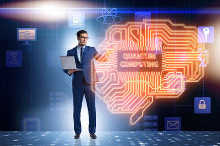 Businessman pressing virtual button in quantum computing concept