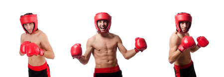 Boxer in red helmet and gloves isolated on whiteの写真素材