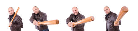 Violent man with baseball bat on white