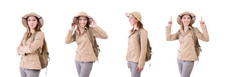 Woman wearing safari hat on whiteの写真素材