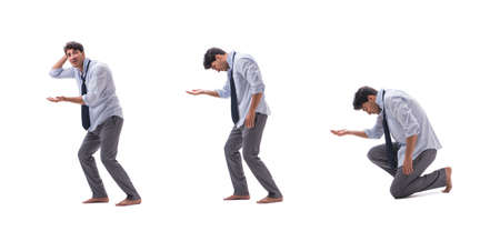 Young barefooted businessman isolated on whiteの写真素材