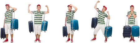 Young man with suitcase isolated on whiteの写真素材