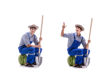 Young farmer with watermelon isolated on whiteの写真素材