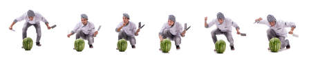 Young male cook with watermelon isolated on whiteの写真素材