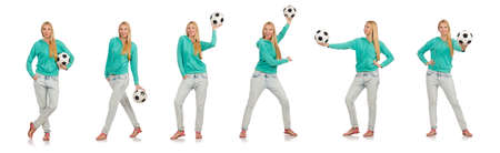 Woman with football on whiteの写真素材