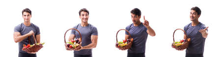 Man promoting the benefits of healthy eating and doing sportsの写真素材