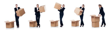Woman businesswoman with boxes on white