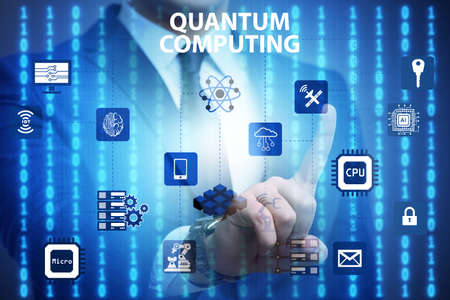 Businessman pressing virtual button in quantum computing conceptの写真素材
