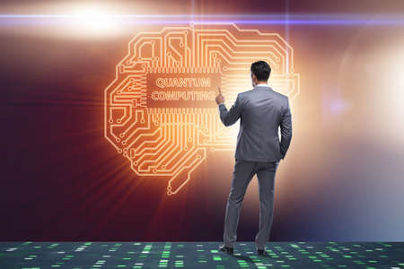 Businessman pressing virtual button in quantum computing concept