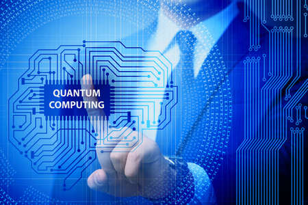 Businessman pressing virtual button in quantum computing conceptの写真素材