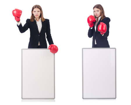 Woman boxer with blank board on whiteの写真素材