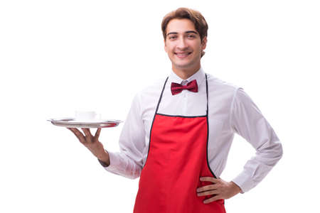 Young waiter isolated on white background