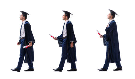 Young man happy with his graduation isolated on whiteの写真素材