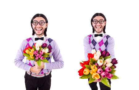 Man holding tulips isolated on whiteの写真素材