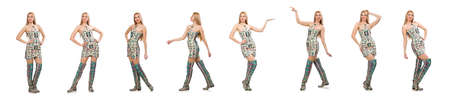Model wearing dress with Azerbaijani carpet elements isolated on