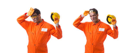 Contractor employee wearing coveralls isolated on whiteの写真素材